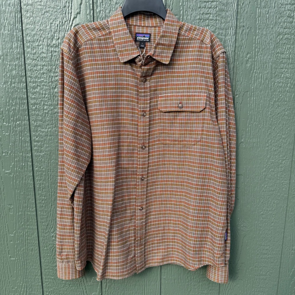 Patagonia Fjord Mens L Orange Brown Plaid Organic Cotton Long Sleeve NWOT